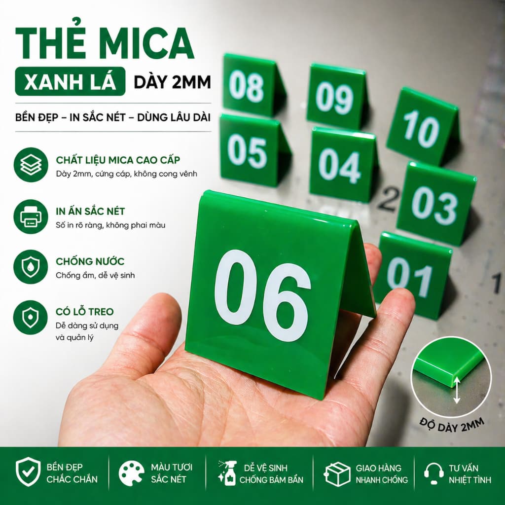 Thẻ Số Bàn Mica Chữ A Hai Mặt Màu Xanh Lá – Bảng Số Order Quán Cafe, Quán Ăn, Trà Sữa